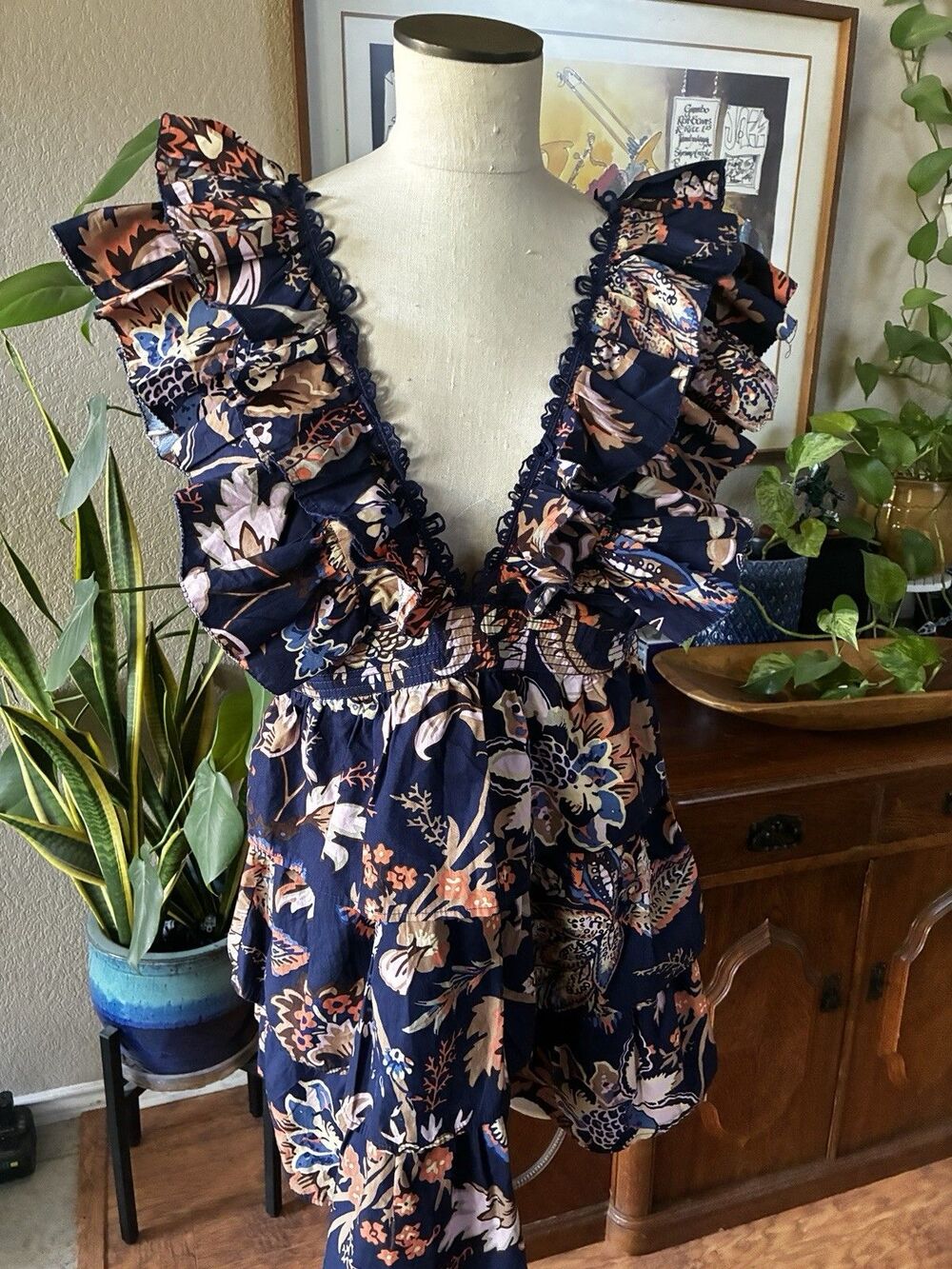 Anthropologie Floral Print Ruffled A-Line Mini Dress Sleeveless Sz M Navy